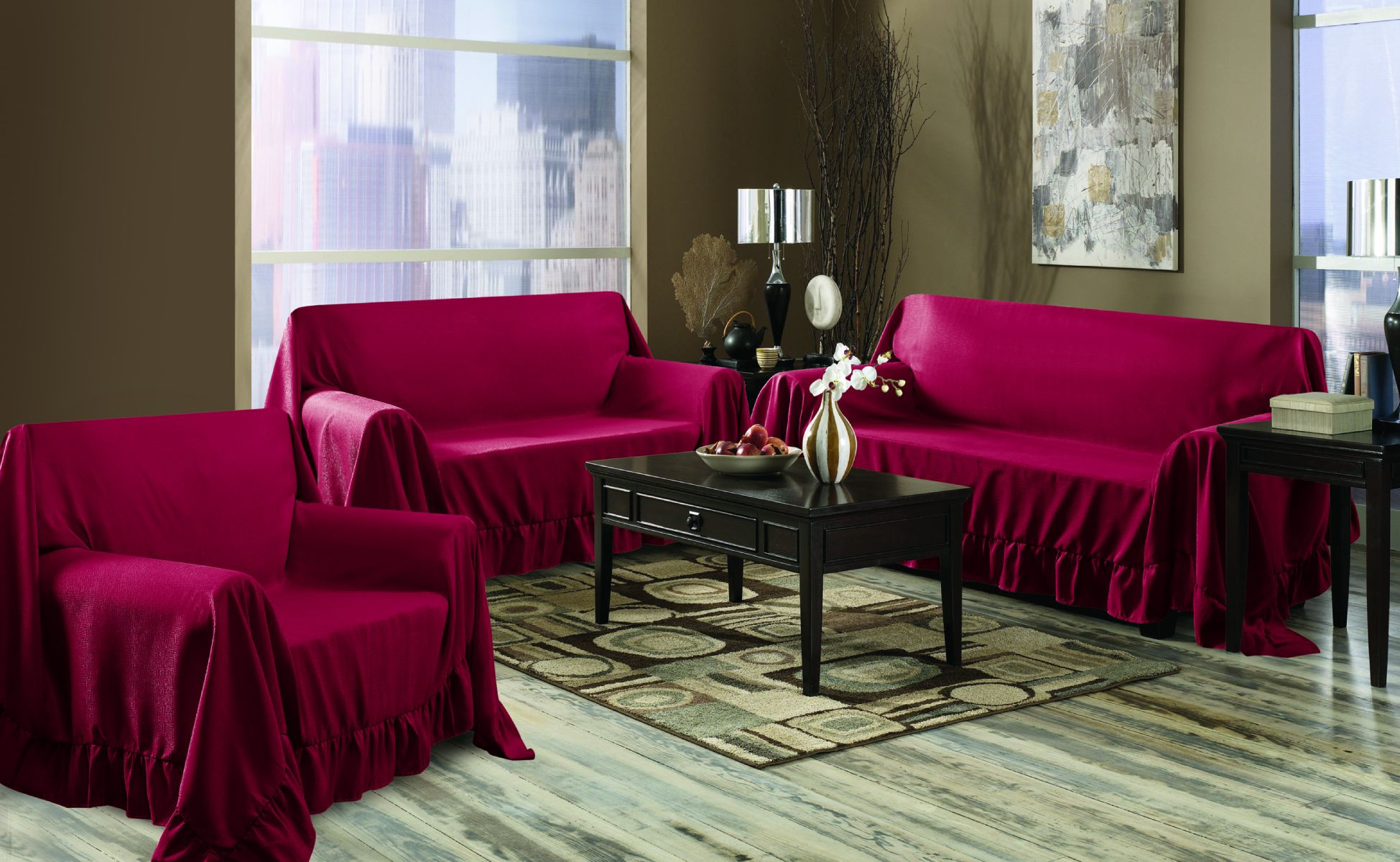 Venice Home 3 Piece Sofa Loveseat Chair Protector Throw Cover Set Ruby